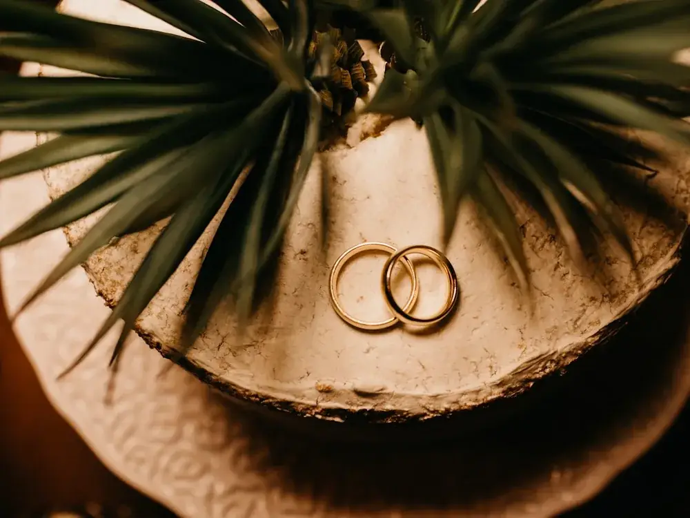 Rings on ceramic beside dried flowers