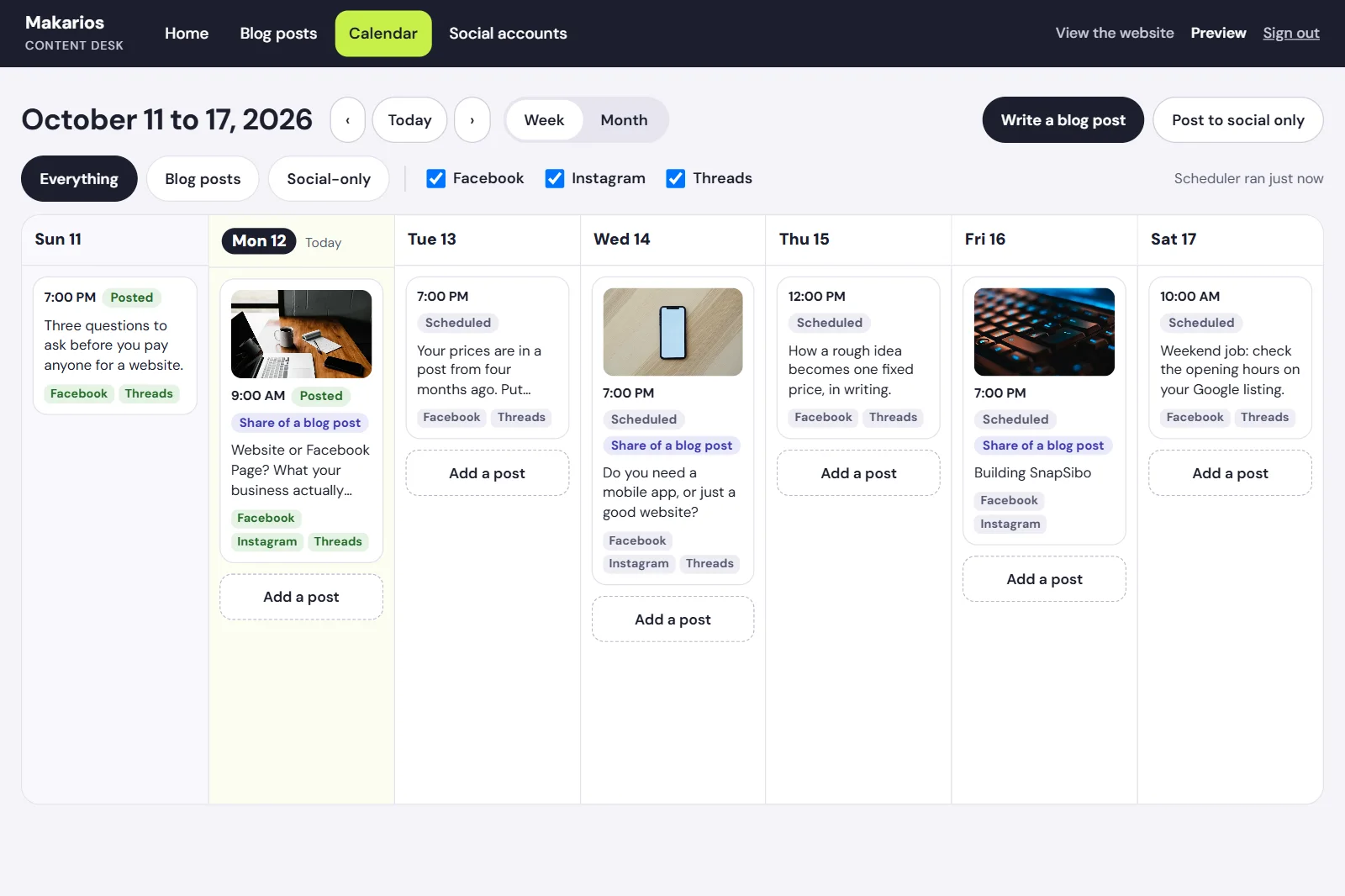 A week calendar showing posts scheduled for Facebook, Instagram and Threads